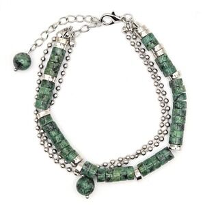 Green‎ Stone Heishi Bead Multi Strand Bracelet Silver Tone Ball Chain Adjustable